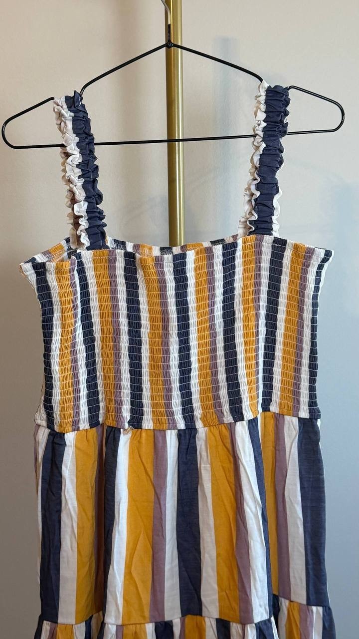 NY Collection Petite Smocked Bodice Tiered Midi Dress Blue Size PL NWT $58