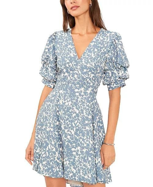 1.STATE Dress L Blue White Floral V-Neck Puff Sleeve Tiered Mini Ruffle NWT