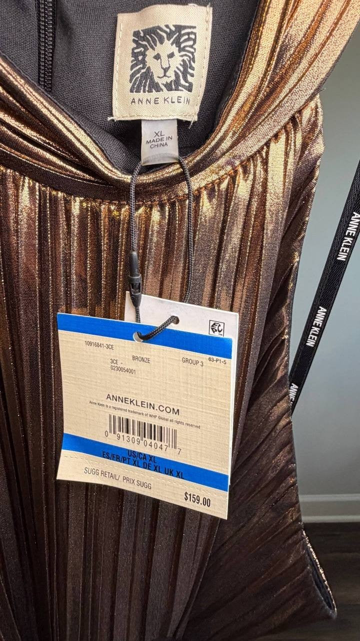 Anne Klein Metallic Mock‑Neck Halter Dress Bronze XL NWT $159
