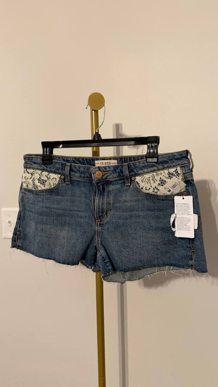 Guess Eco Katie Shorts High Waist Lace Pocket Blue 29 NWT