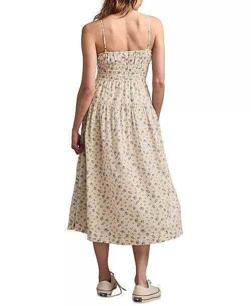 Lucky Brand Dress XXL Cream Multi Floral Smocked Waist Sleeveless Midi Boho