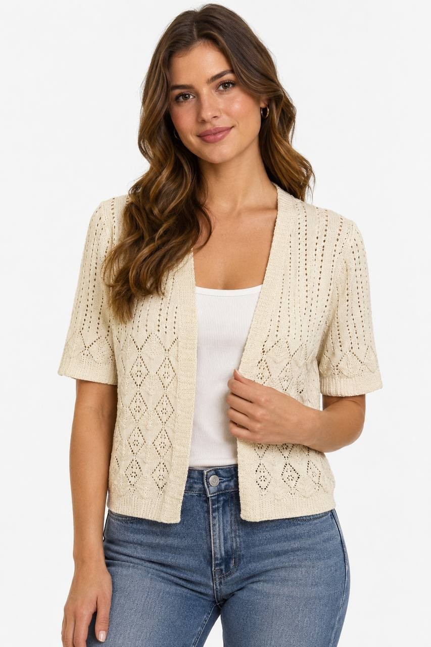 Signature by Robbie Bee Crocheted Short Sleeve Shrug Ivory S NWT $35