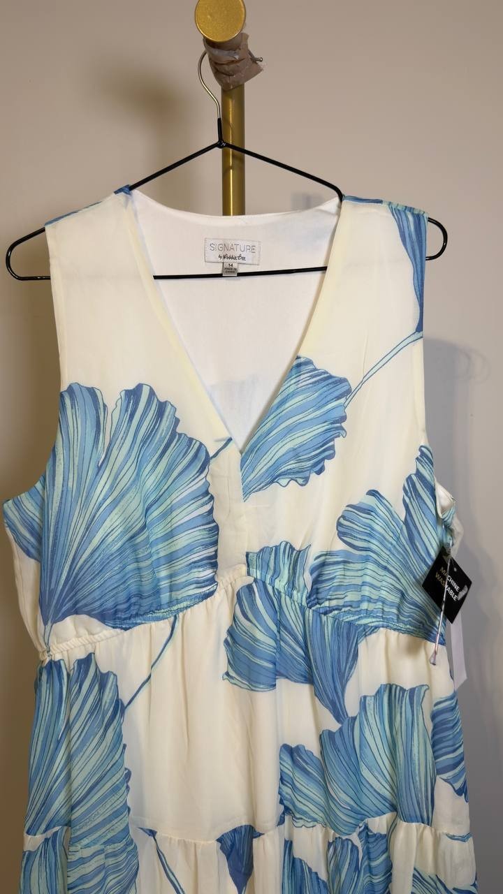 Signature by Robbie Bee Tiered Maxi Dress Cream/Blue 14 NWT $79