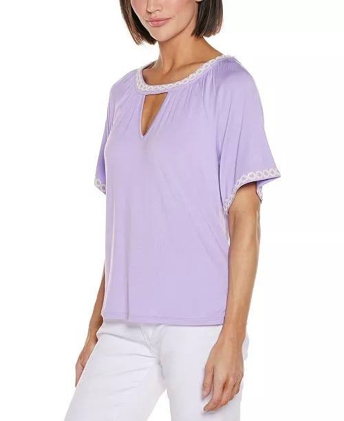 Belldini Knit Top Women's Light Amethyst L Crochet Trim Keyhole Neckline NWT