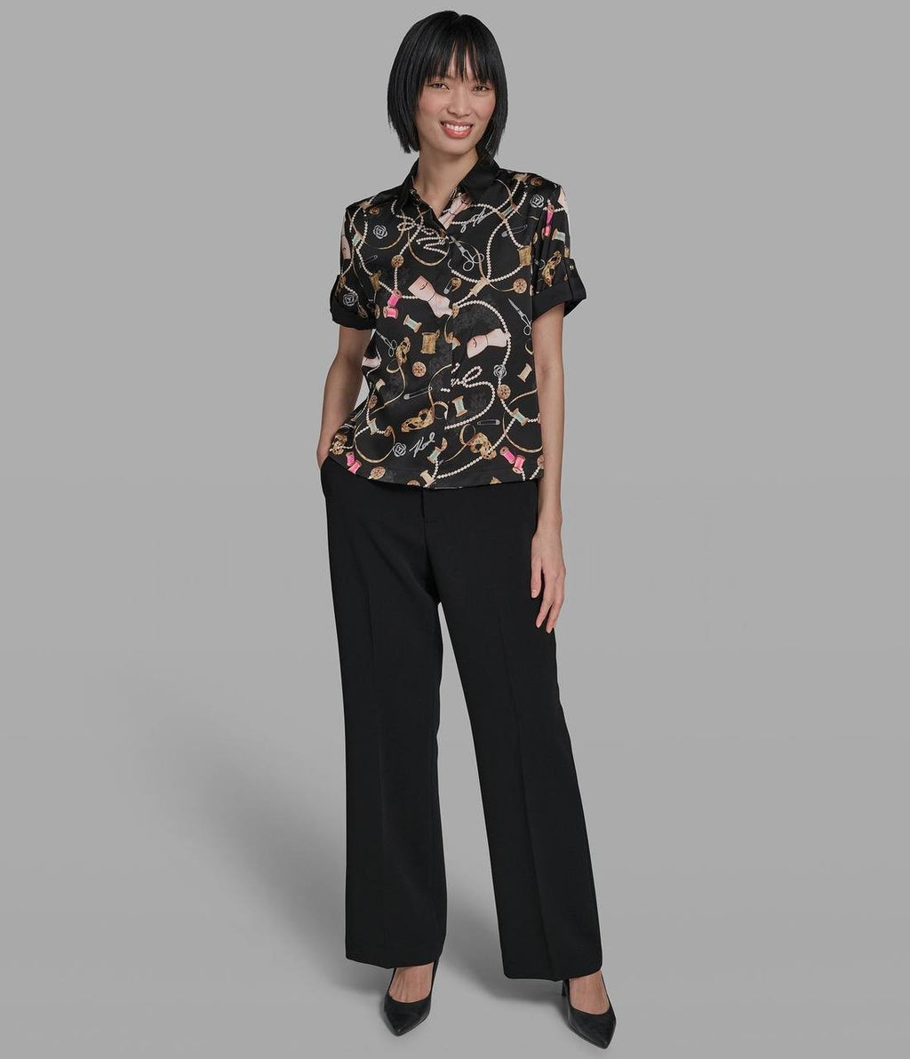 Karl Lagerfeld Paris Satin Print Camp Shirt Black L NWT $99