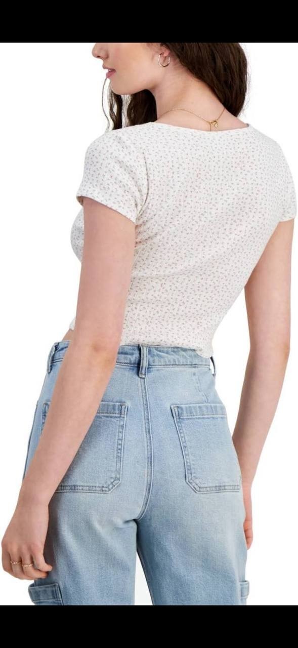 Just Polly Cotton Pointelle Henley Tee Ivory/Pink XL NWT $22