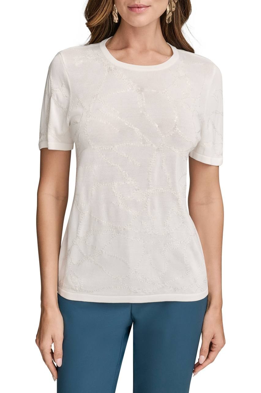 Donna Karan NY Sequin Embellished Short Sleeve Sweater Cream XS NWT $99