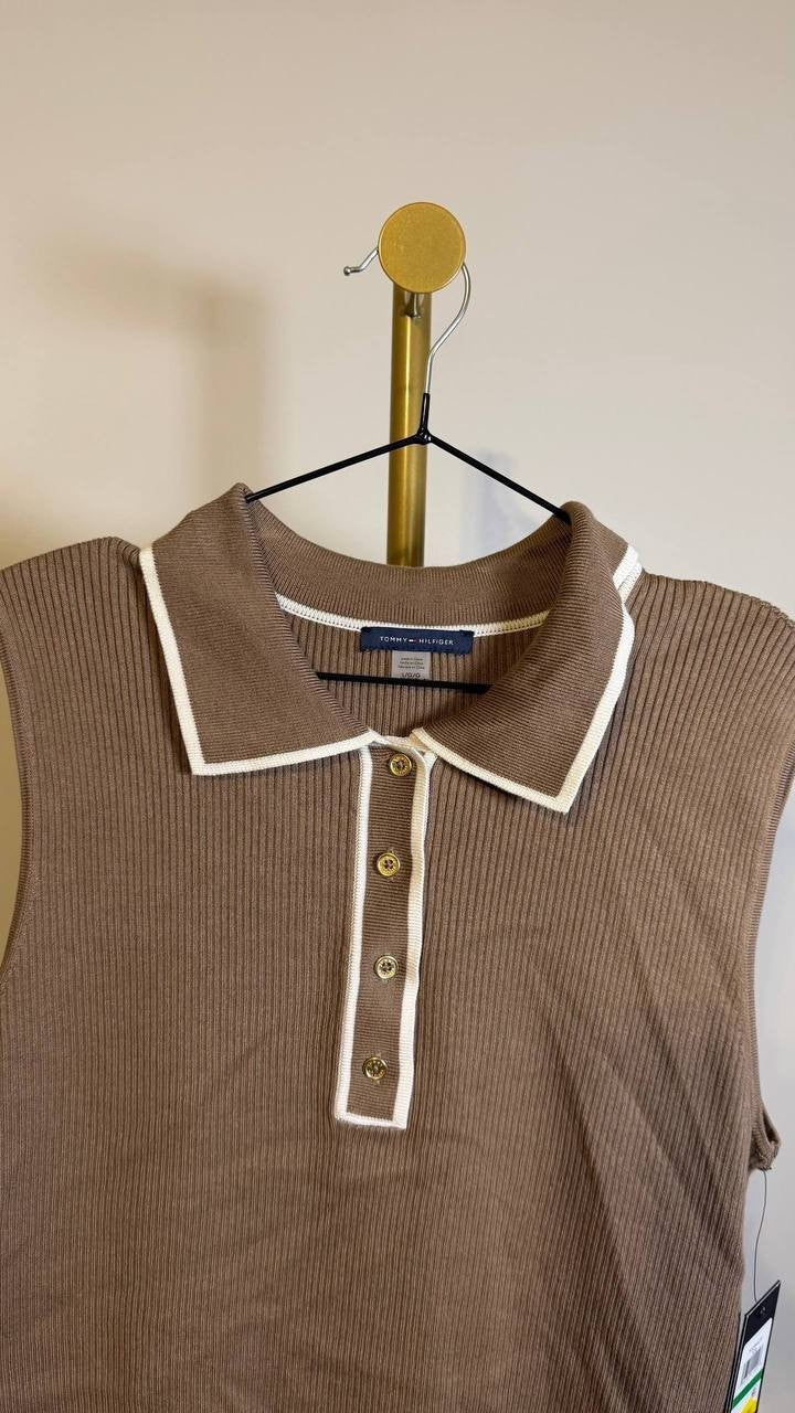 Tommy Hilfiger Contrast‑Tipped Sleeveless Polo Top Brown L $59 NWT