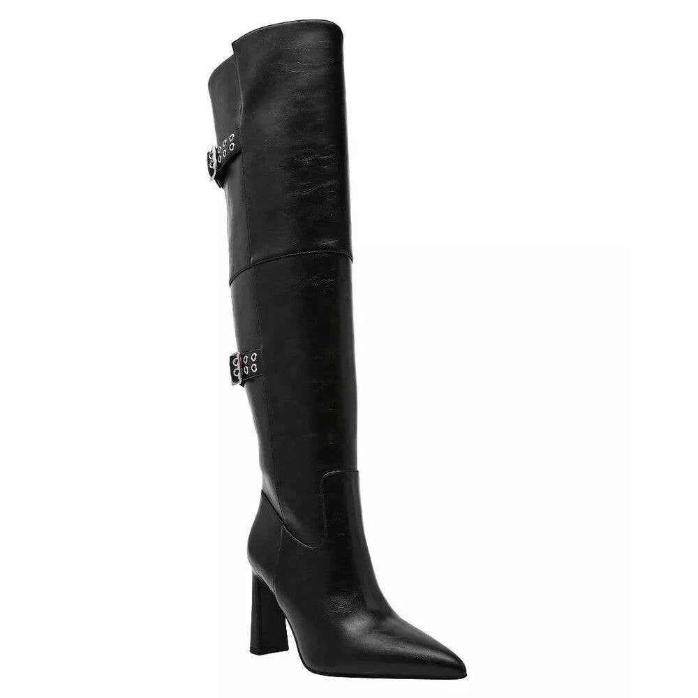 Wild  Pair  Over‑The‑Knee  Buckle  Boots  Black  Man‑Made  7M  New  $119.90