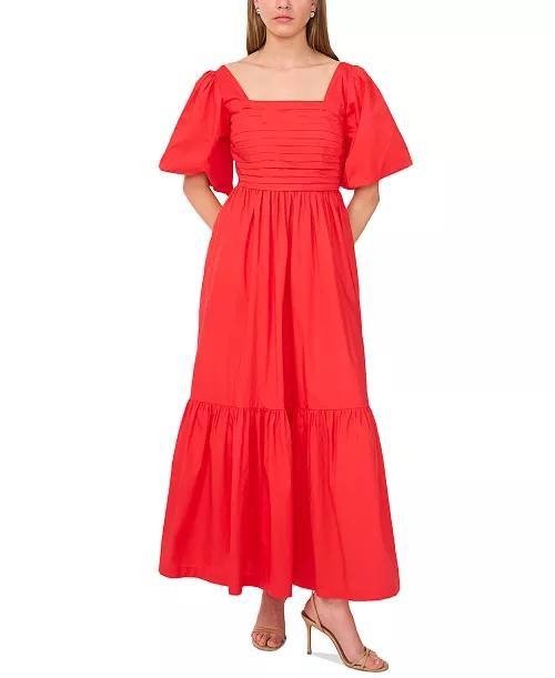 CeCe Square‑Neck Puff‑Sleeve Tie‑Back Maxi Dress Red L $109 NWT