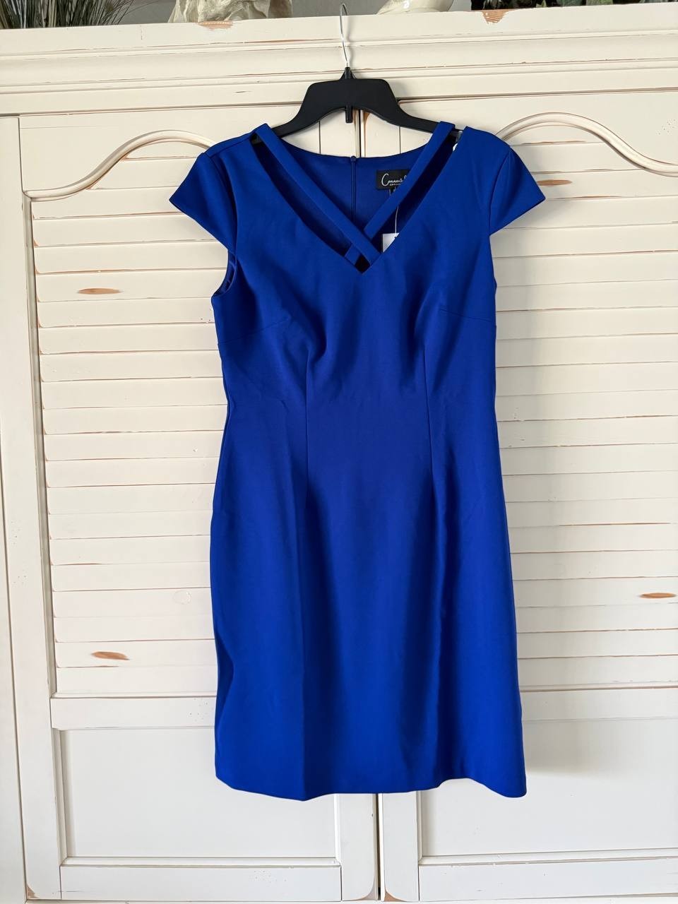 Connected Crisscross-Neck Sheath Dress – Size 8P – NWT – Royal Blue Short Sleeve