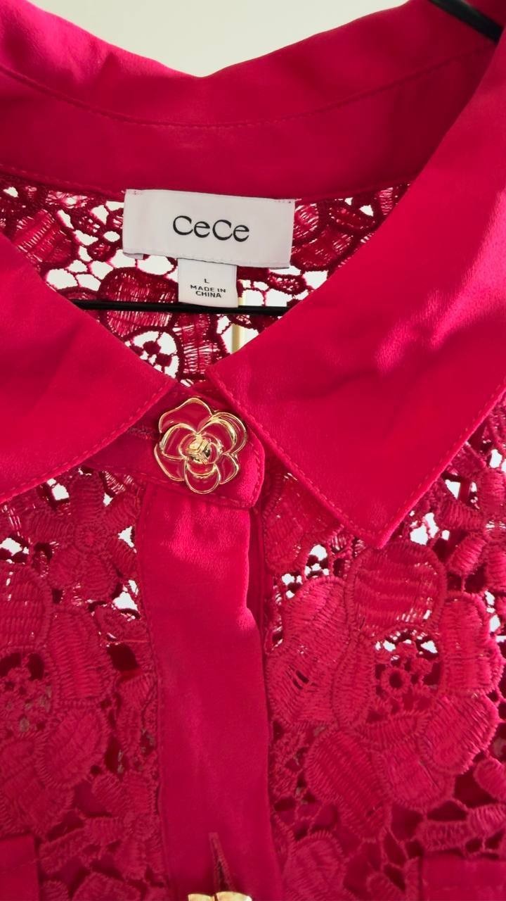 CeCe Lace Short‑Sleeve Button‑Up Top Rose Cherise L NWT $99