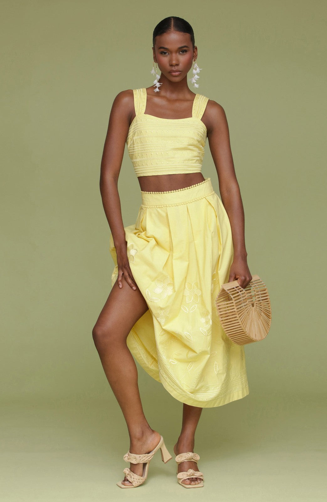 Avec Les Filles Embroidered Cotton Midi Skirt Yellow Floral Lace US 2