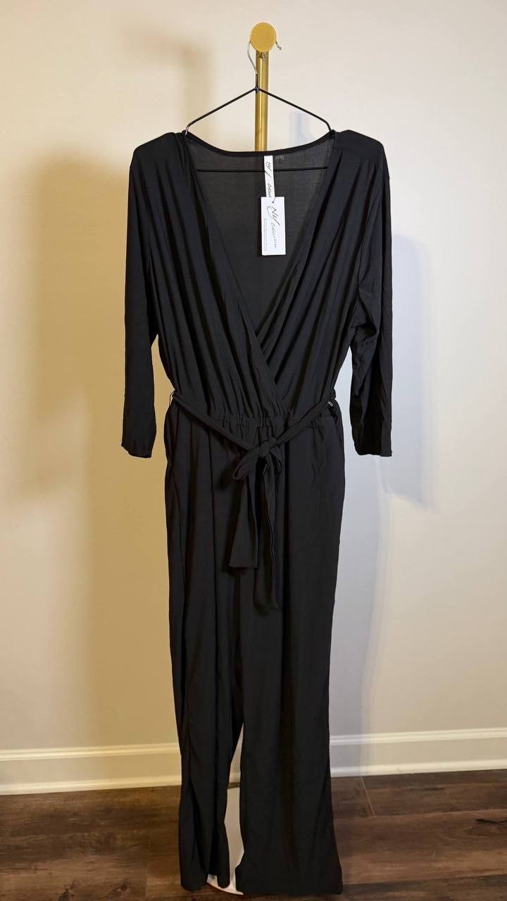 NY Collection Petite 3/4 Sleeve Belted Wide Leg Jumpsuit Navy PXL $66 NWT