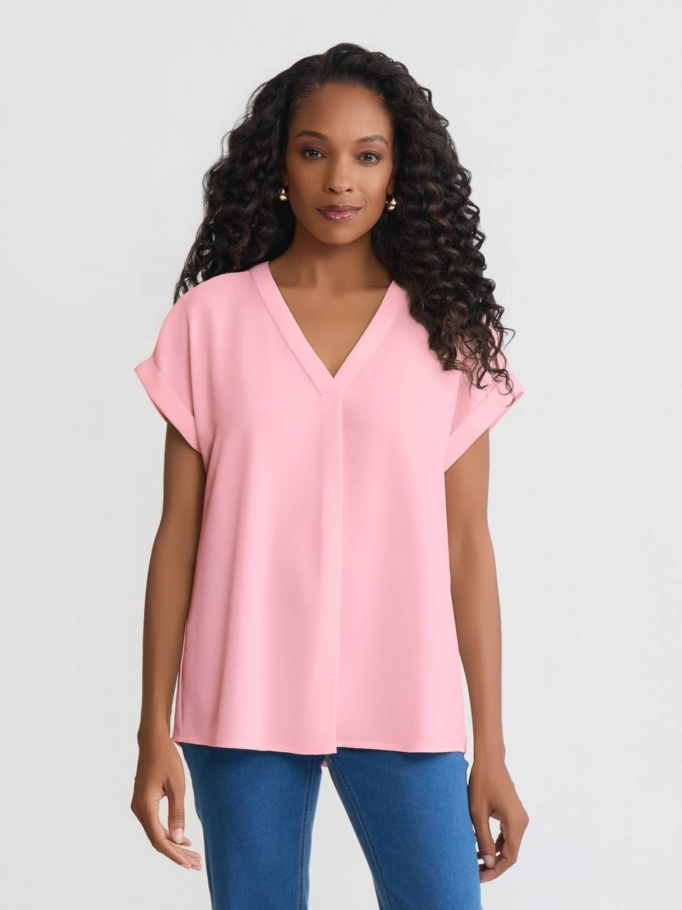 Jones New York Jasper Crepe Short Sleeve V‑Neck Blouse Petal Pink M NWT $69.50