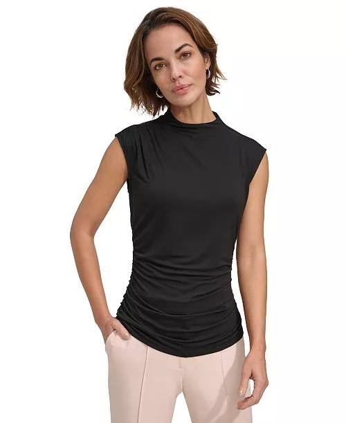 DKNY Ruched High-Neck Sleeveless Top Black S Pre-Owned $50