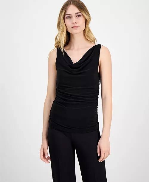 Anne Klein Ruched Draped‑Neck Textured Crepe Knit Top Black S NWT $69