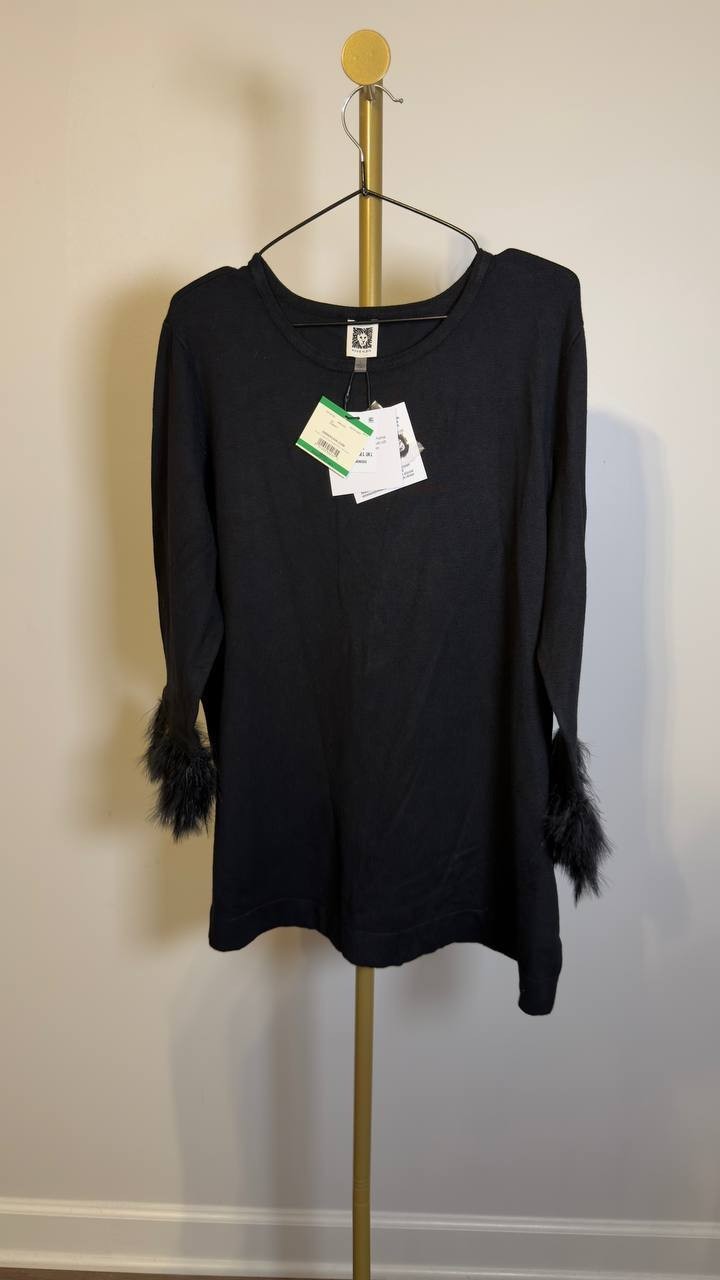 Anne Klein Crewneck Feather‑Trim Cuff Sweater Black L NWT $129
