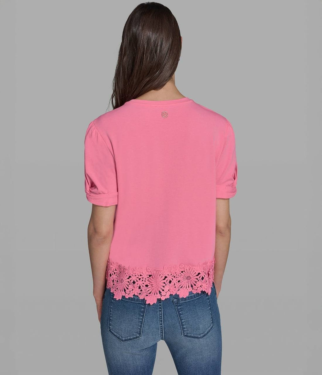 Karl Lagerfeld Cotton & Modal Floral Lace Hem Tee Pink Carnation XS NWT $79