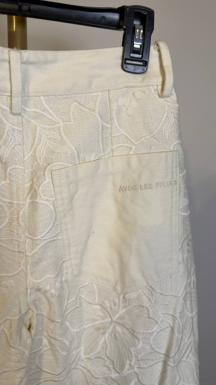 Avec Les Filles High Waist Embroidered Lace Cotton Pants Off White 27 NWT $158