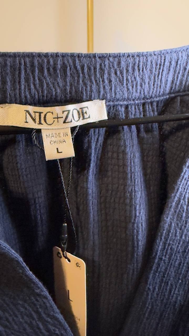 Nic+Zoe Elbow Sleeve Split Neck Crinkly Knit Top Dark Indigo L NWT $118