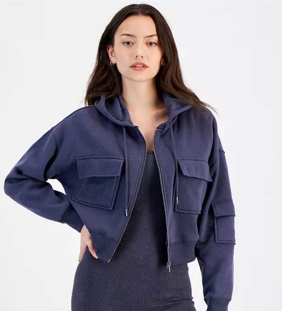 Hippie Rose Navy Fleece Zip Hoodie, Juniors XL, Cargo Pockets, NWT, Casual