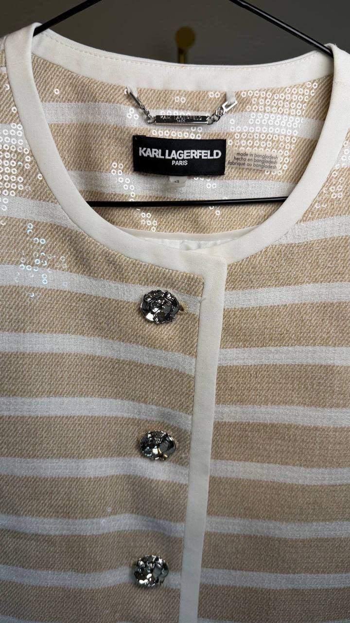 Karl Lagerfeld Paris Sequinned Striped Jacket Beige S NWOT $229