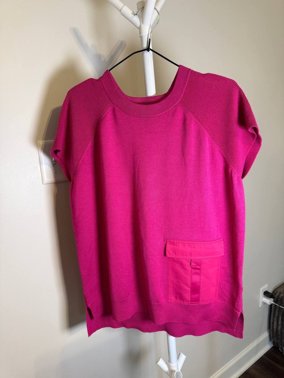DKNY Satin‑Pocket Short‑Sleeve Sweater – XS, X, L – Wild Berry – NWT – $79