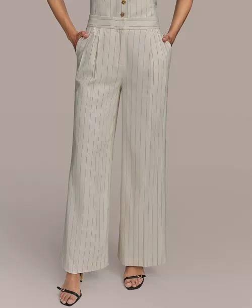 Donna Karan NY Linen-Blend Pinstripe Wide-Leg Pants Cream 14P NWT $119