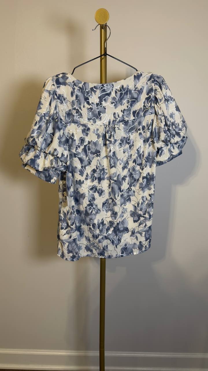 Sam & Jess Floral‑Print Bubble‑Sleeve Top Blue Floral XS NWT $59