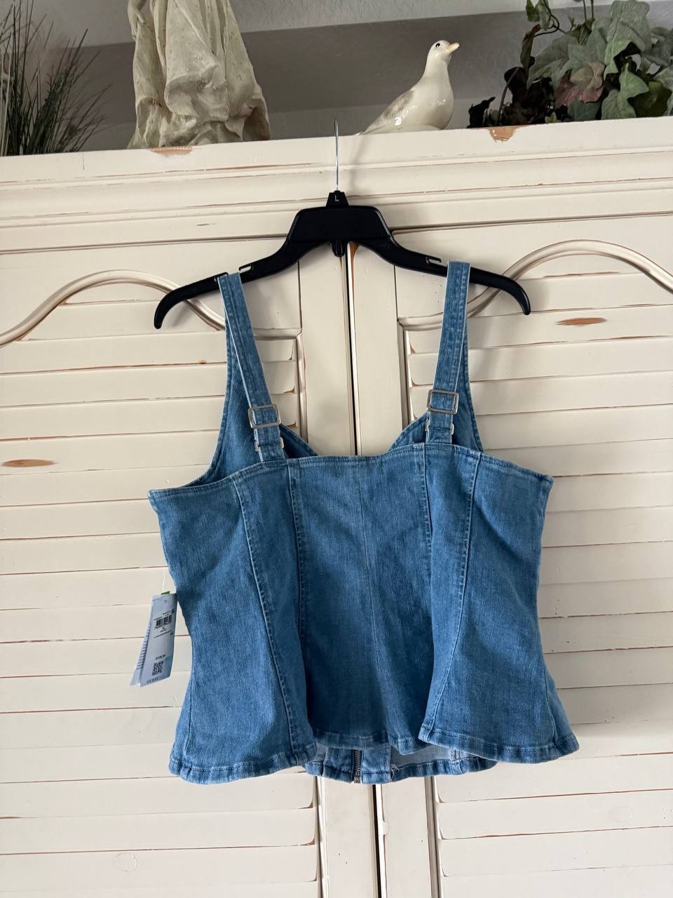 GUESS Anika Denim Peplum Top - Blue, XL, NWT, Sweetheart Neck, Front Zip