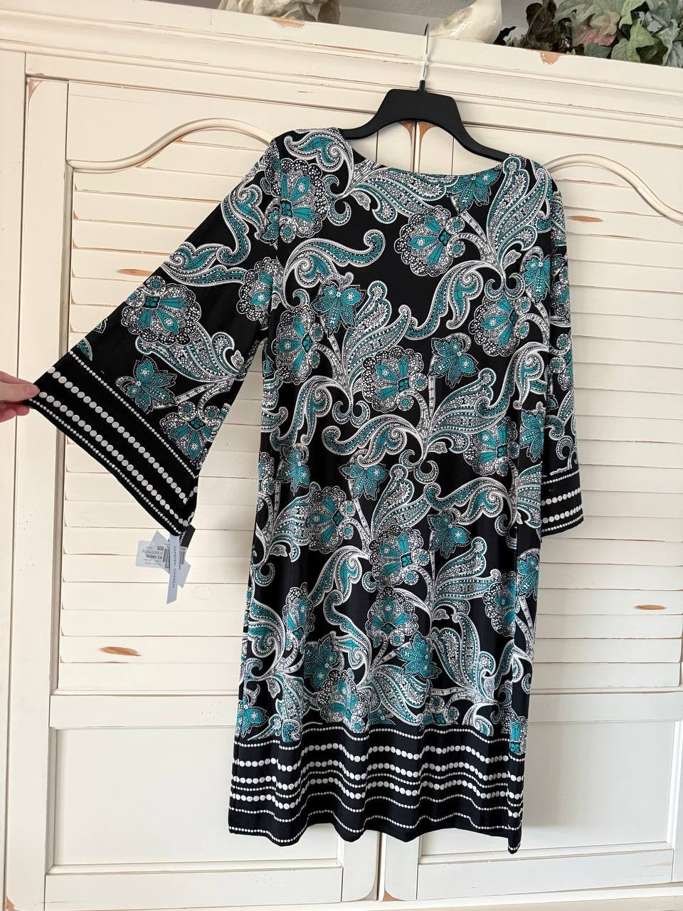 Sandra Darren Paisley Shift Dress Black/Turquoise Size L NWT $79 -3/4 Sleeve