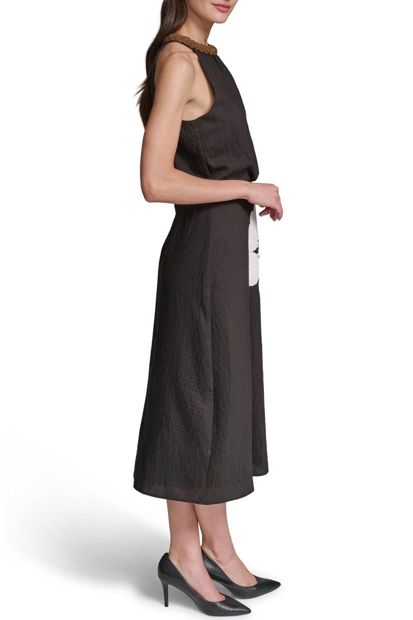 Karl Lagerfeld Floral Bead Collar Sleeveless Midi Dress Black Multi 8 NWT $189