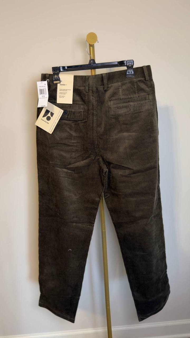 Frank And Oak Jamie Tapered‑Fit Pleated Corduroy Pants Dark Green 33 NWT $129