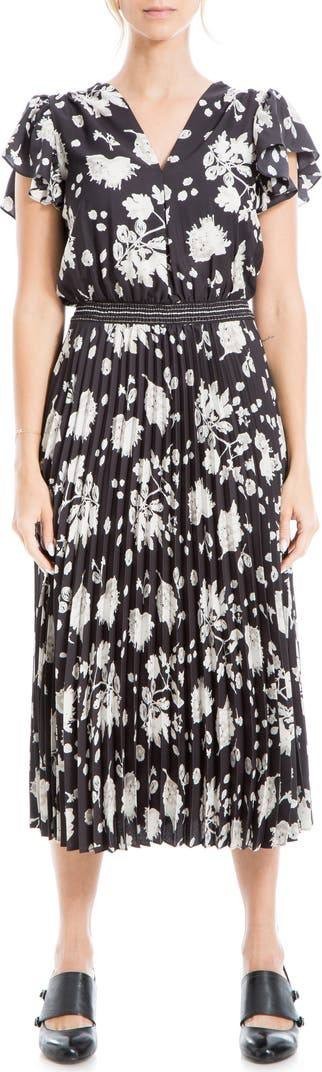 Max Studio Flutter Sleeve Pleated Midi Dress –BlackFloral- Size L – NWT