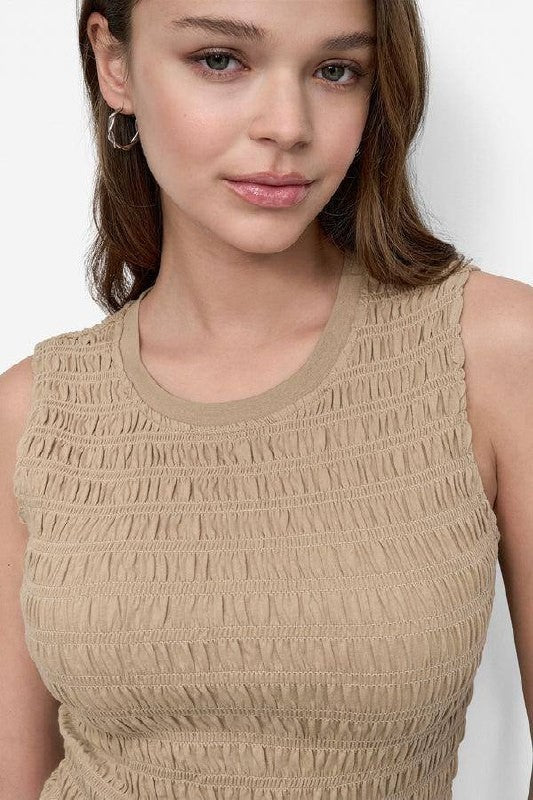 DKNY Jeans Textured Sleeveless Ruffle‑Hem Top – Beige – Size L – NWT – $69.50