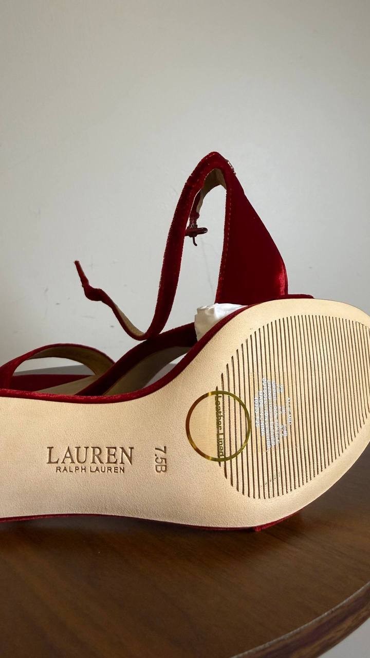 Lauren Ralph Lauren Red Velvet Mid Heel Sandals 7.5B NIB MSRP $148