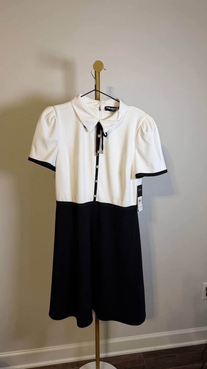 Karl Lagerfeld Paris Collared Contrast Trim Dress White Black 10 $148 NWT