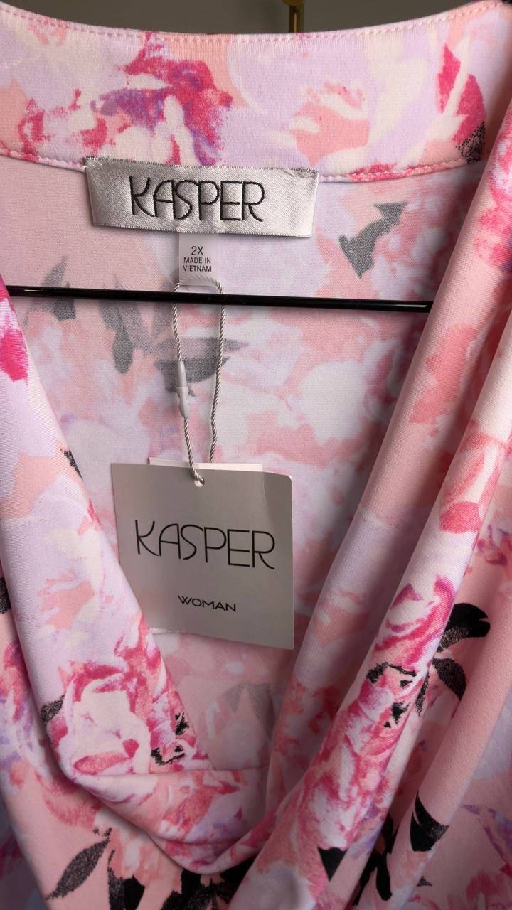 Kasper Plus Size Cap Sleeve Cowl Neck Pleated Top White Pink 2X NWT $59