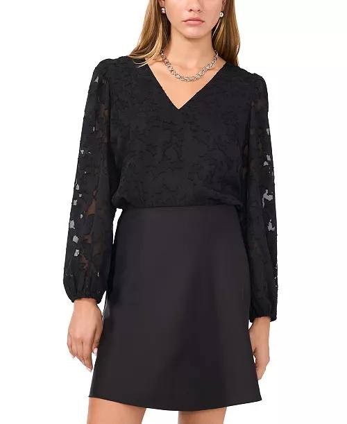 1.STATE V‑Neck Balloon‑Sleeve Blouse Black L NWOT $89