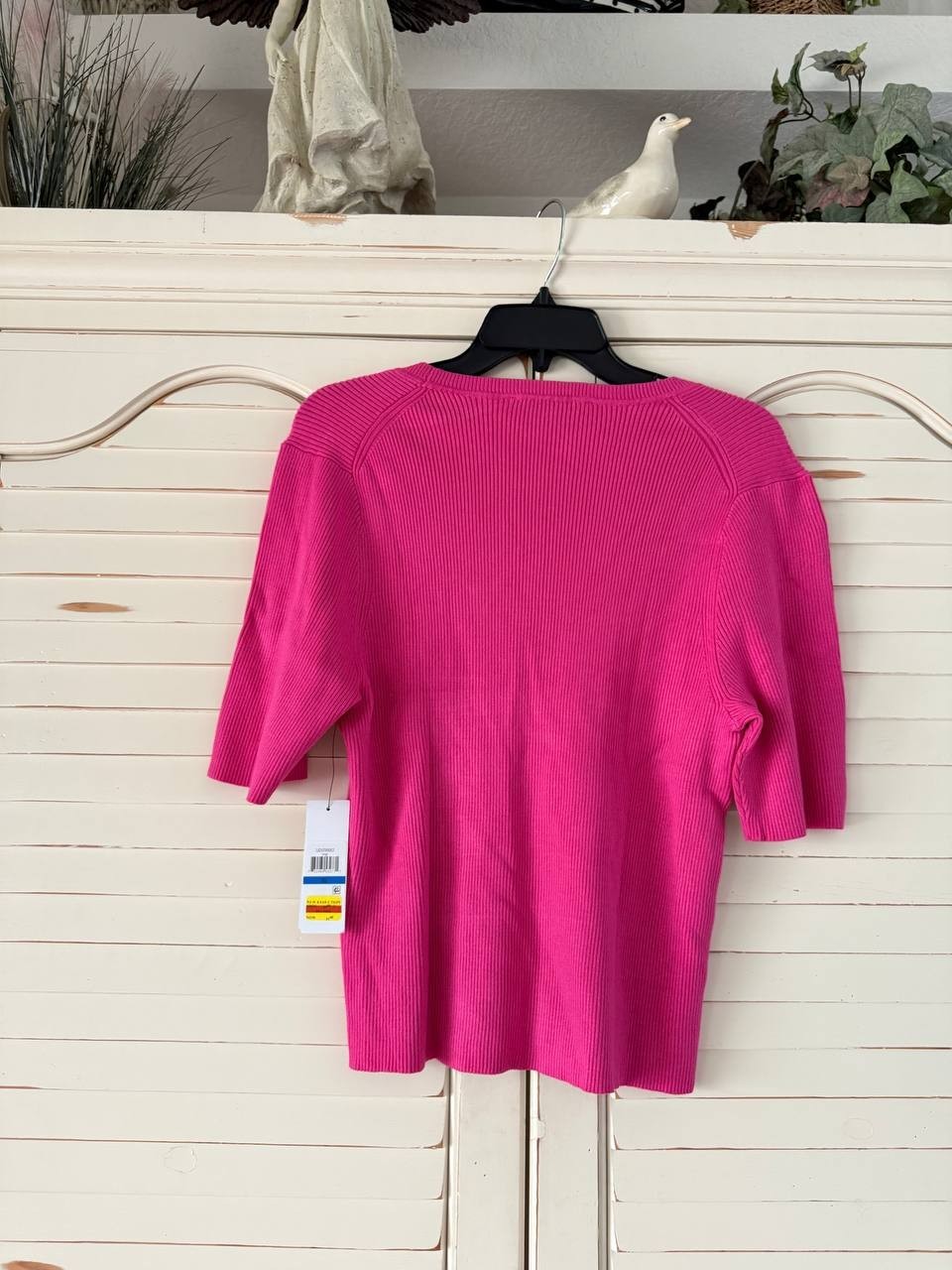 DKNY Sweater XS Pink Button Shoulder Elbow Sleeve Rib Knit Pullover Rayon NWT