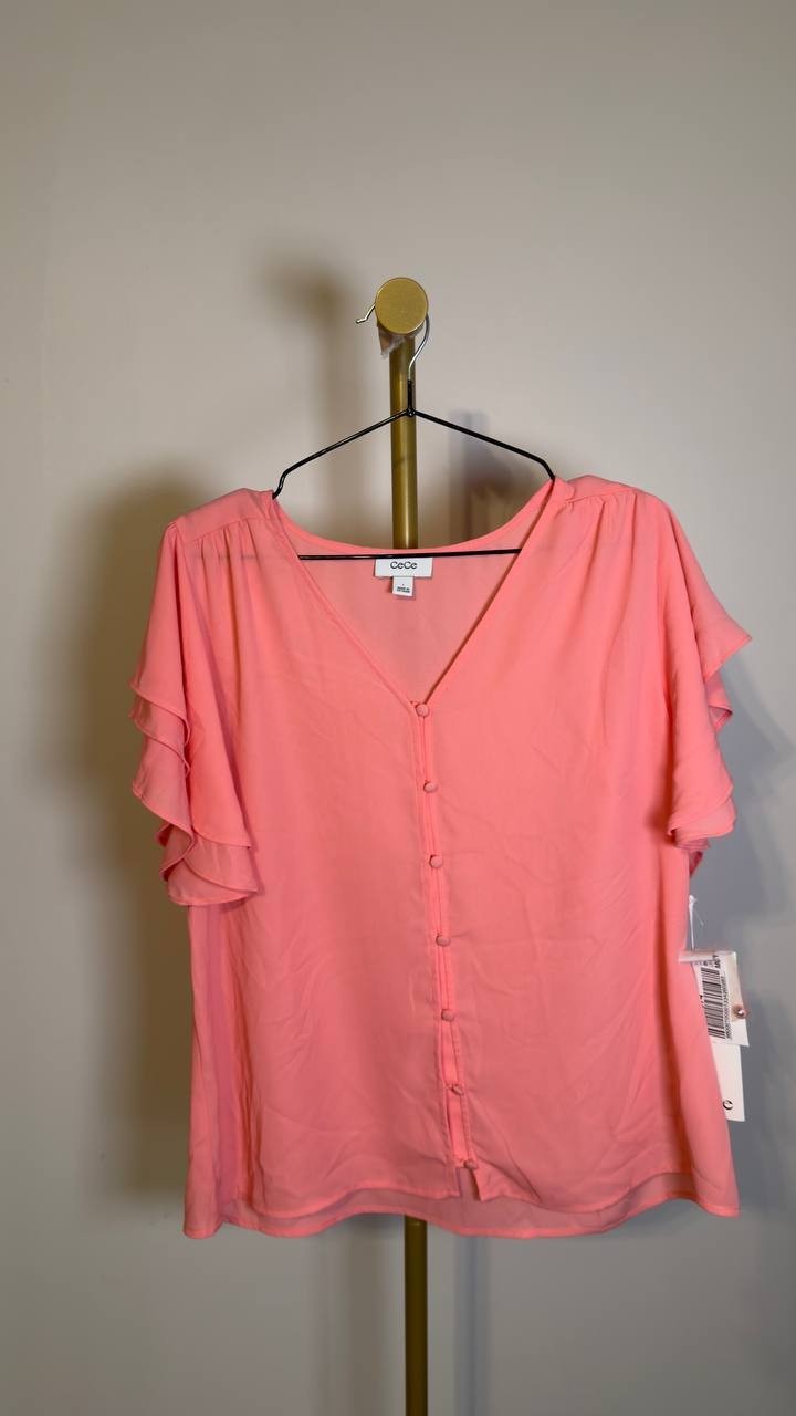 CeCe Women’s Double Flutter Sleeve Shirred Shoulder Top Coral Bloom L NWT $69