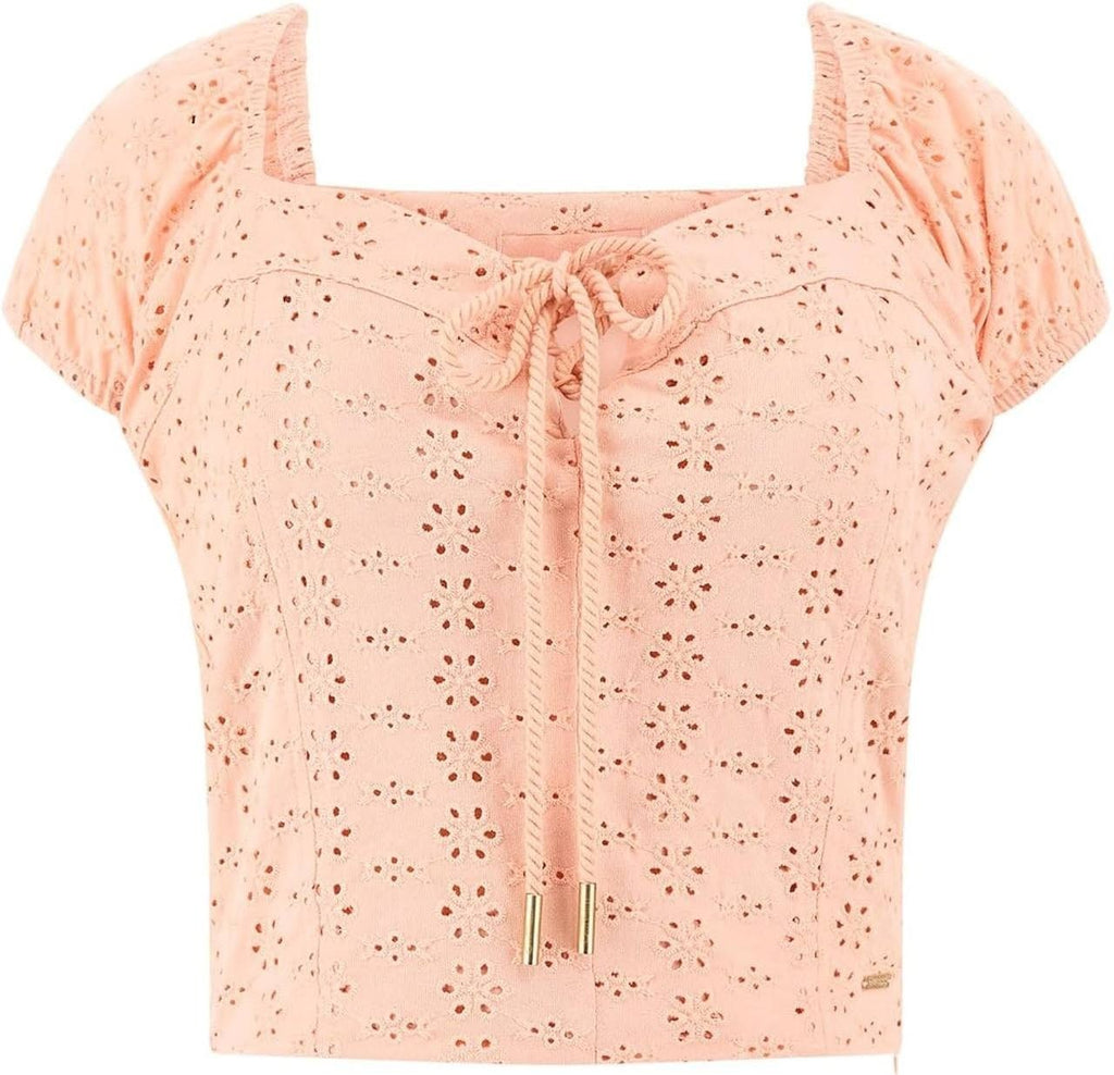 Guess Eco Embroidered Sheer Lace‑Up V‑Neck Blouse Peach Cream Multi S NWT $69