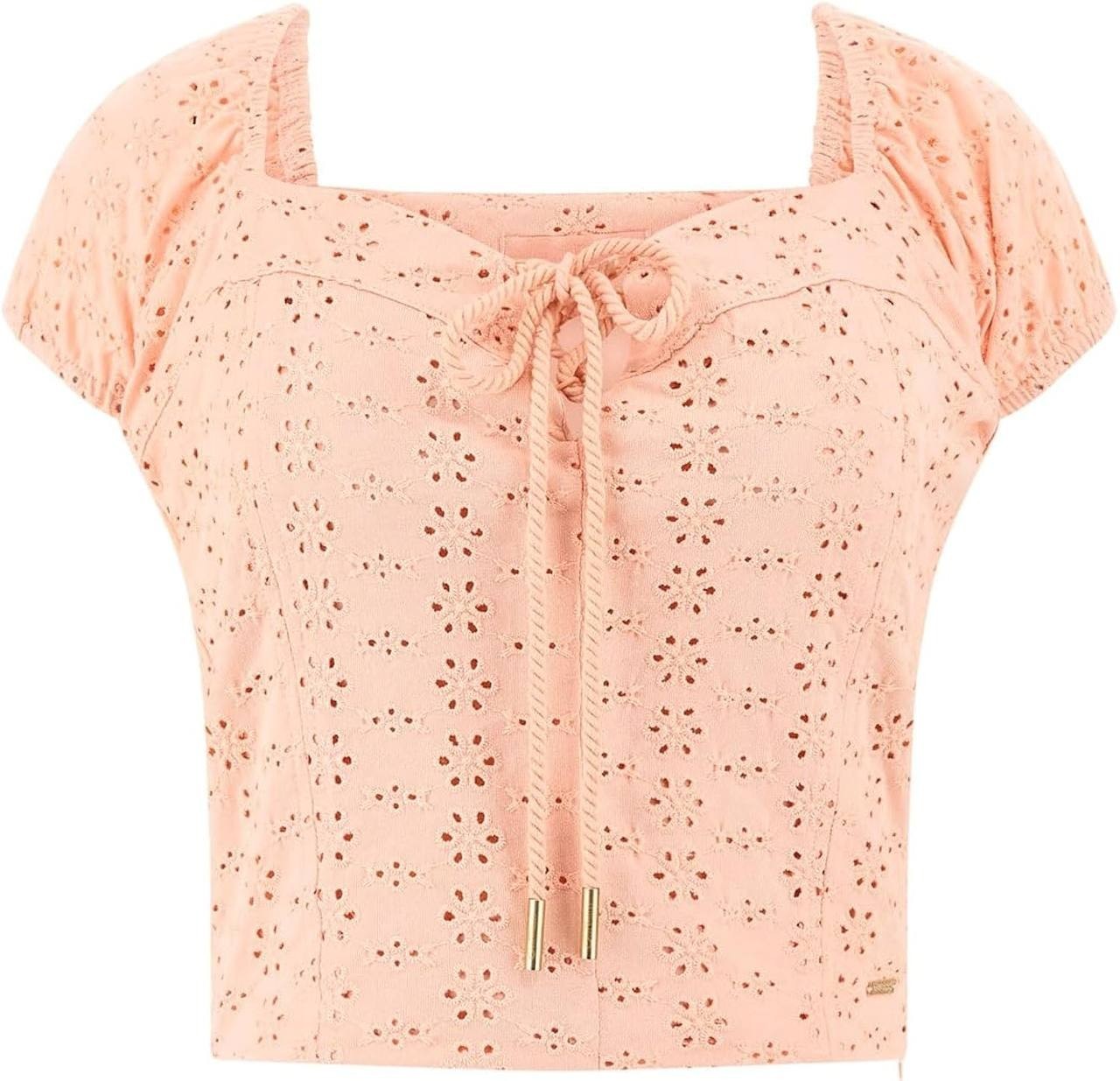 Guess Eco Embroidered Sheer Lace‑Up V‑Neck Blouse Peach Cream Multi S NWT $69