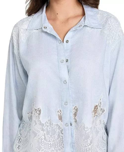 GUESS Shirt S Blue Evie Lace Trim Chambray Long Sleeve Casual NWT MSRP $129