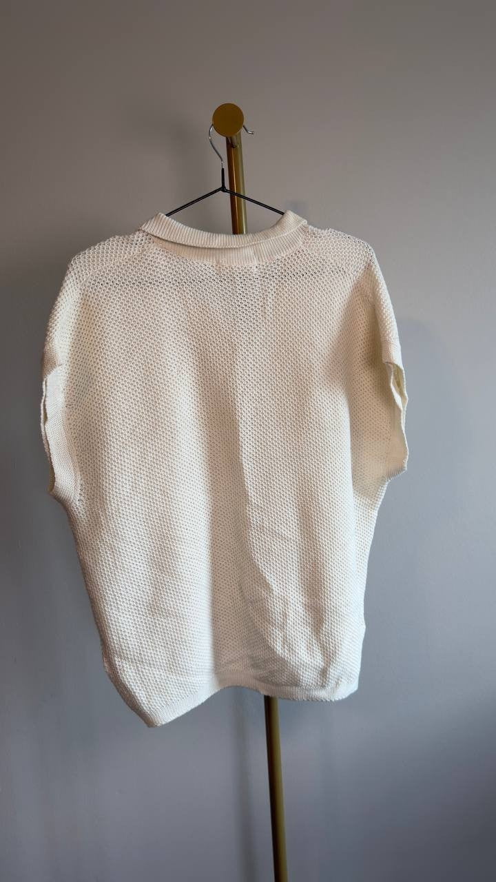 Majestic Filatures Knit Cap‑Sleeve Polo Top 4 Milk NWT $230