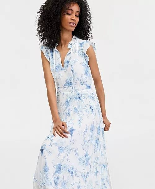 Anne Klein Pleated Flutter‑Sleeve Midi Dress Crisp White Multi 16 NWT $159