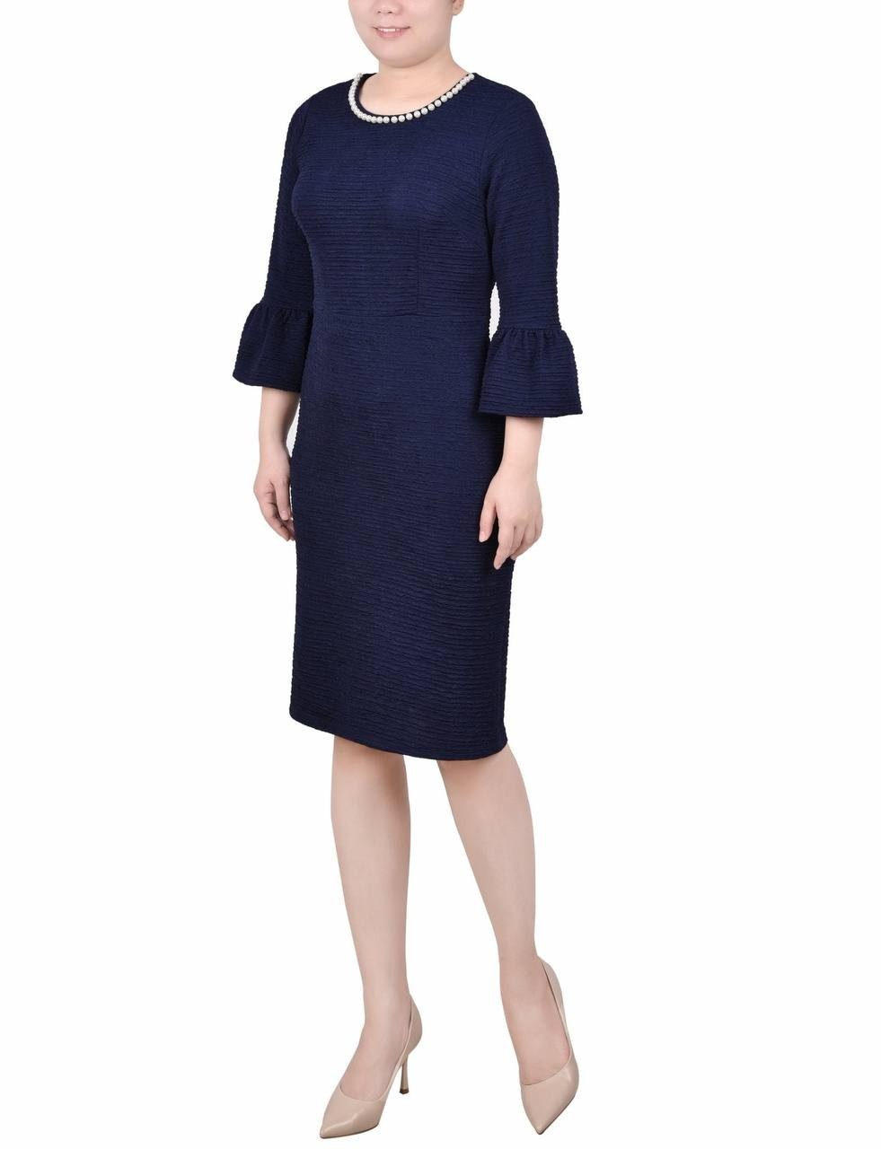 NY Collection Women’s Pearl Detail 3/4 Sleeve Dress Navy 3X Petite $65 NWT