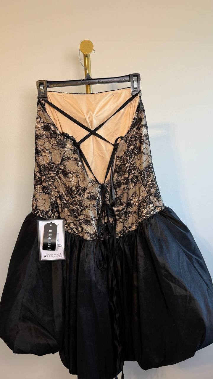 B Darlin Plus Lace Bubble‑Hem Dress Black 20W NWT $168