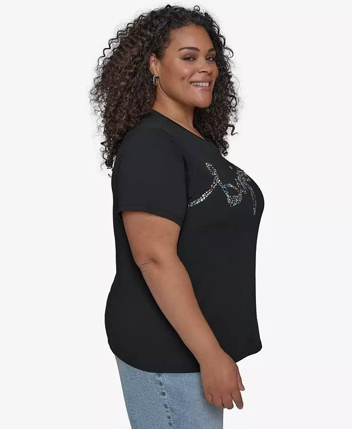 Karl Lagerfeld Paris Plus Size Embellished Bonjour Tee Black 2X $69 NWT